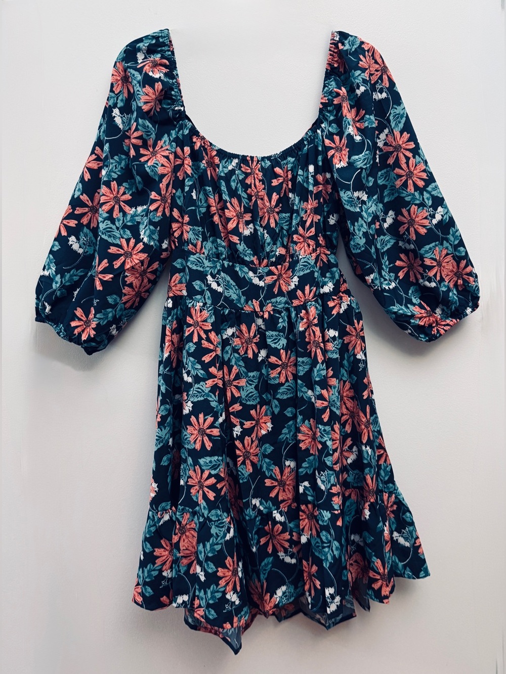 Umgee NWT Navy Floral Peekaboo Back Bow Boho Mini Dress M - Picture 3 of 12